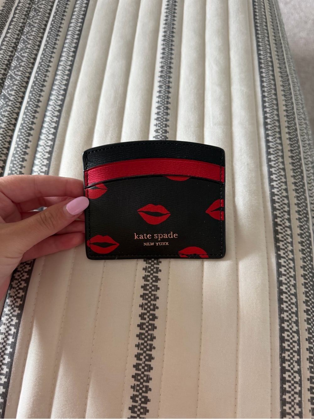 kate spade Black Card Holder with Red Lip Print